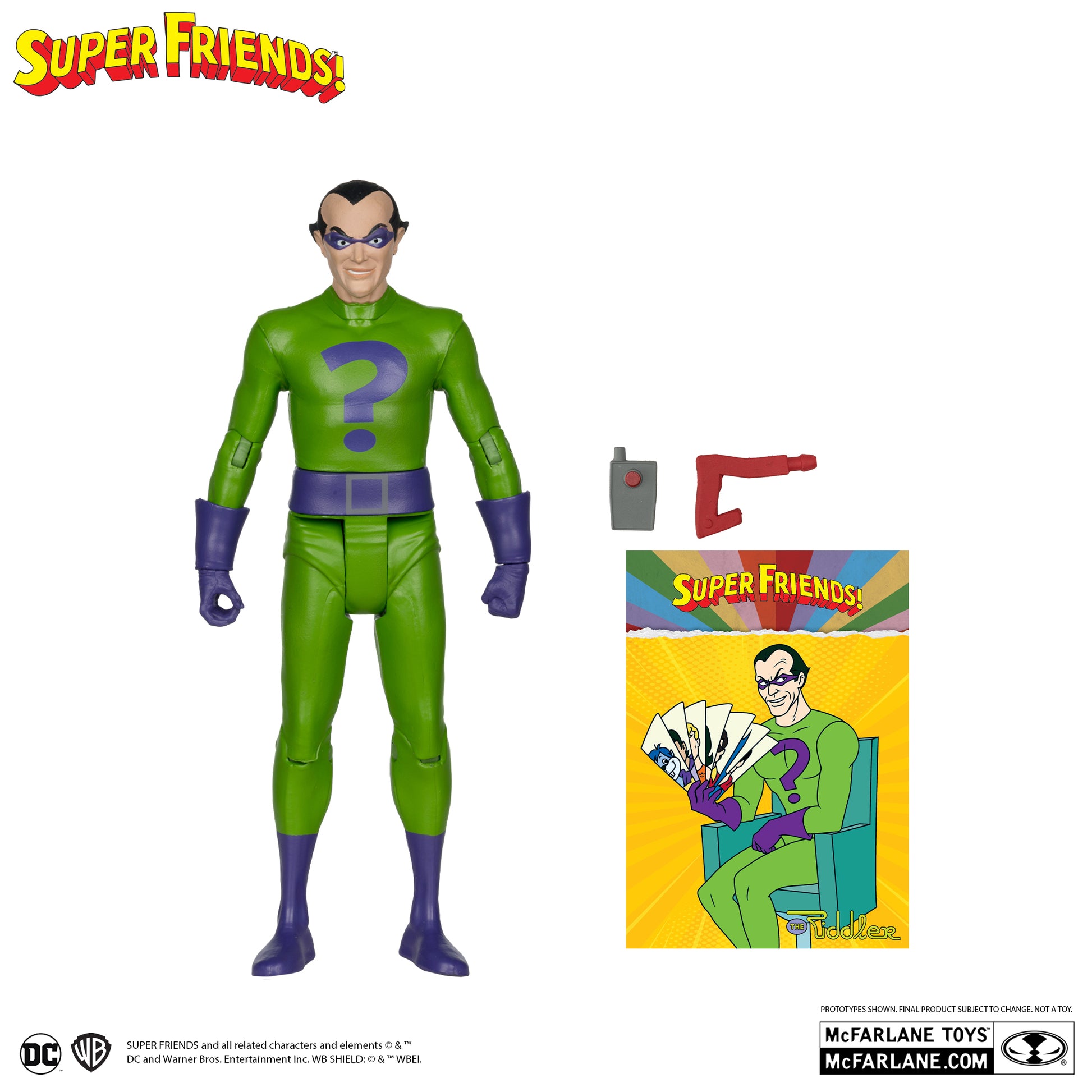 The McFarlane Toys DC Retro The Riddler Super Friends action figure features the Riddler in a green suit with a purple question mark, gloves, and boots, plus accessories and a colorful collectible card displayed alongside.