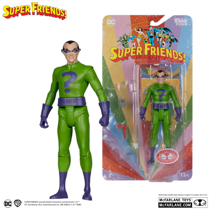 The McFarlane Toys DC Retro The Riddler Super Friends action figure features the Riddler in a green suit with a purple question mark, displayed beside colorful packaging with matching SUPER FRIENDS! branding.