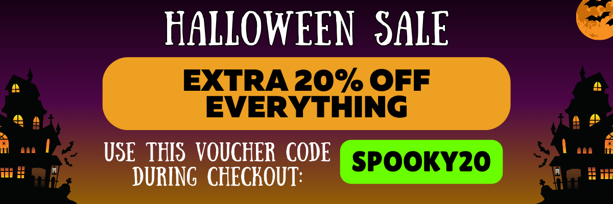promotional banner for a Halloween 20% off sale featuring Halloween imagery on a purple background with spooky houses and bats