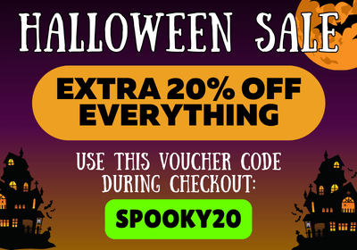 promotional banner for a Halloween 20% off sale featuring Halloween imagery on a purple background with spooky houses and bats