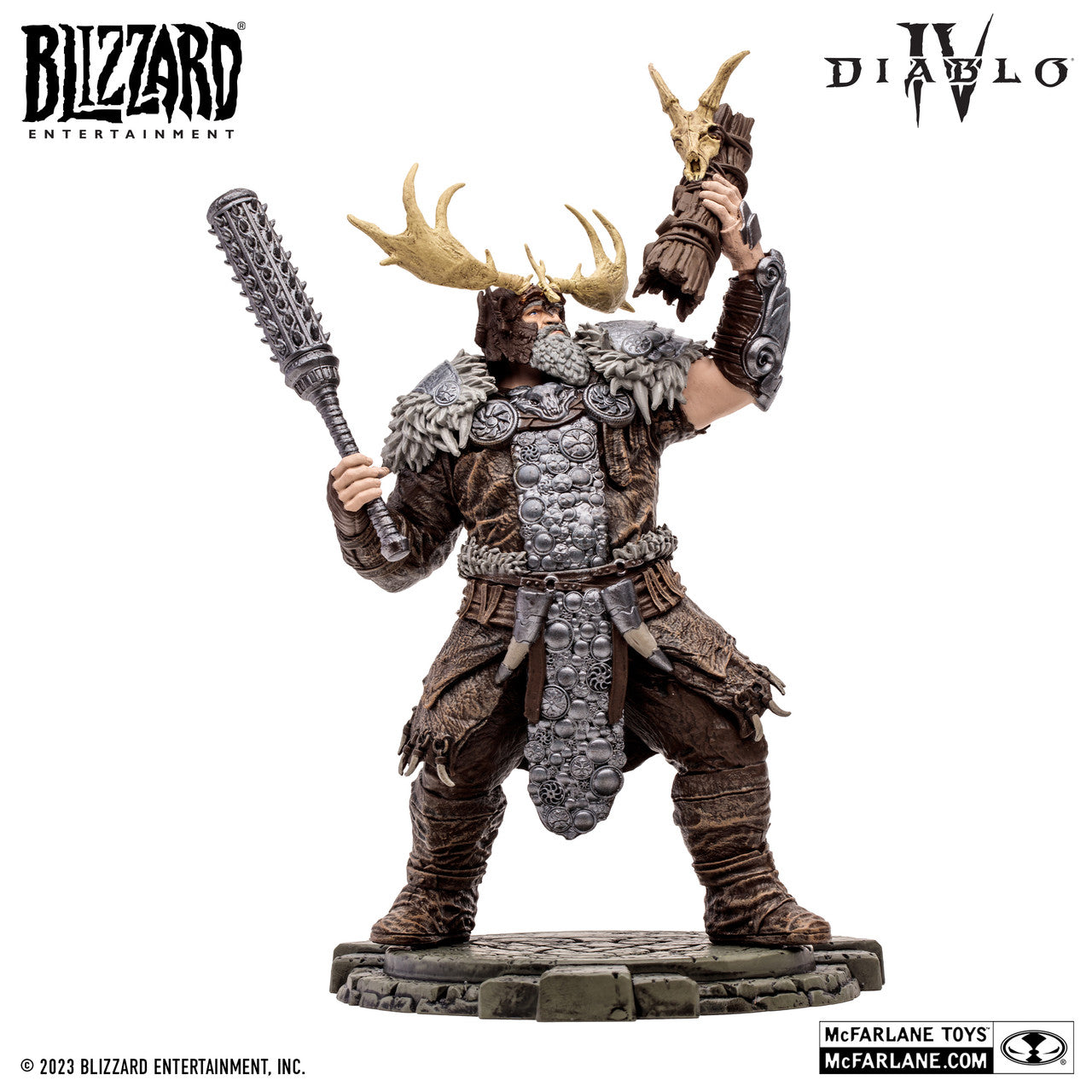 The McFarlane Toys Diablo IV Landslide Druid Common Version depicts a bearded Druid warrior in fur and armor with antlered headgear, holding a spiked club and horned skull, posed on a round base. Features official Blizzard, Diablo IV, and McFarlane Toys logos.
