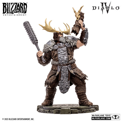 The McFarlane Toys Diablo IV Landslide Druid Common Version depicts a bearded Druid warrior in fur and armor with antlered headgear, holding a spiked club and horned skull, posed on a round base. Features official Blizzard, Diablo IV, and McFarlane Toys logos.