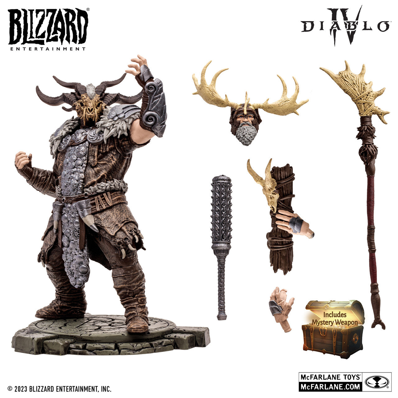 The McFarlane Toys Diablo IV Landslide Druid Common Version action figure features a horned, armored druid inspired by Diablo IV, with alternate head, weapons, interchangeable hands, stand, and visible Logos for Blizzard and McFarlane Toys.
