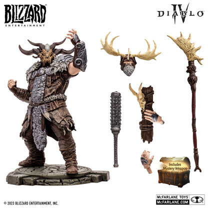 The McFarlane Toys Diablo IV Landslide Druid Common Version action figure features a horned, armored druid inspired by Diablo IV, with alternate head, weapons, interchangeable hands, stand, and visible Logos for Blizzard and McFarlane Toys.
