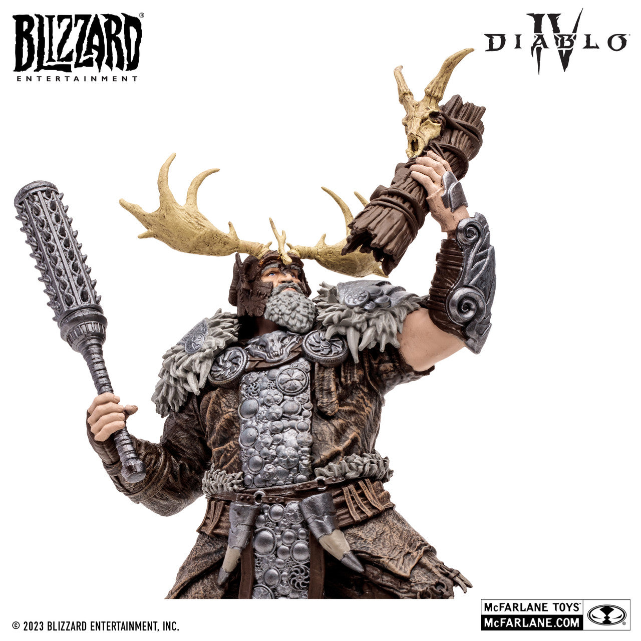 The McFarlane Toys Diablo IV Landslide Druid Common Version action figure features a bearded shapeshifter in fur and armor with antlered helmet, wielding a spiked club and skull-topped staff. McFarlane Toys branding is visible.