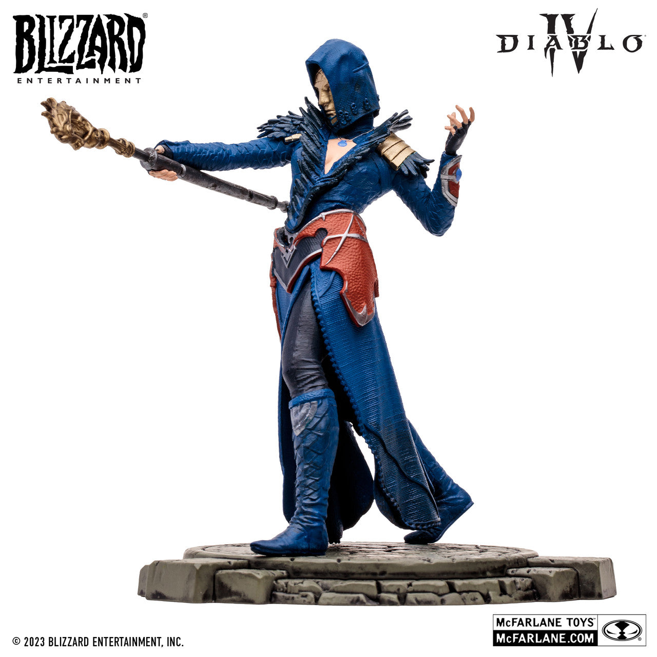 The McFarlane Toys Diablo IV Hydra Lightning Sorceress Common Version is a detailed 1:12 scale figure of a sorceress in blue and red armor, staff in hand, posed on a stone base. Features McFarlane Toys and Diablo IV branding.