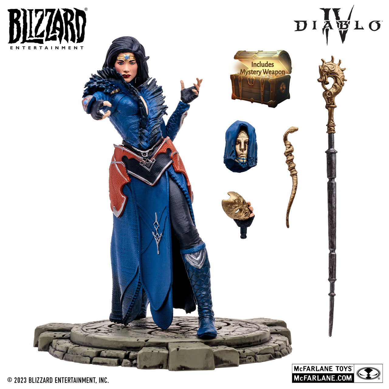 McFarlane Toys Diablo IV Hydra Lightning Sorceress Common Version figure includes blue robes, a staff, alternate head, magic effect, stone base, and a treasure chest labeled Includes Mystery Weapon.