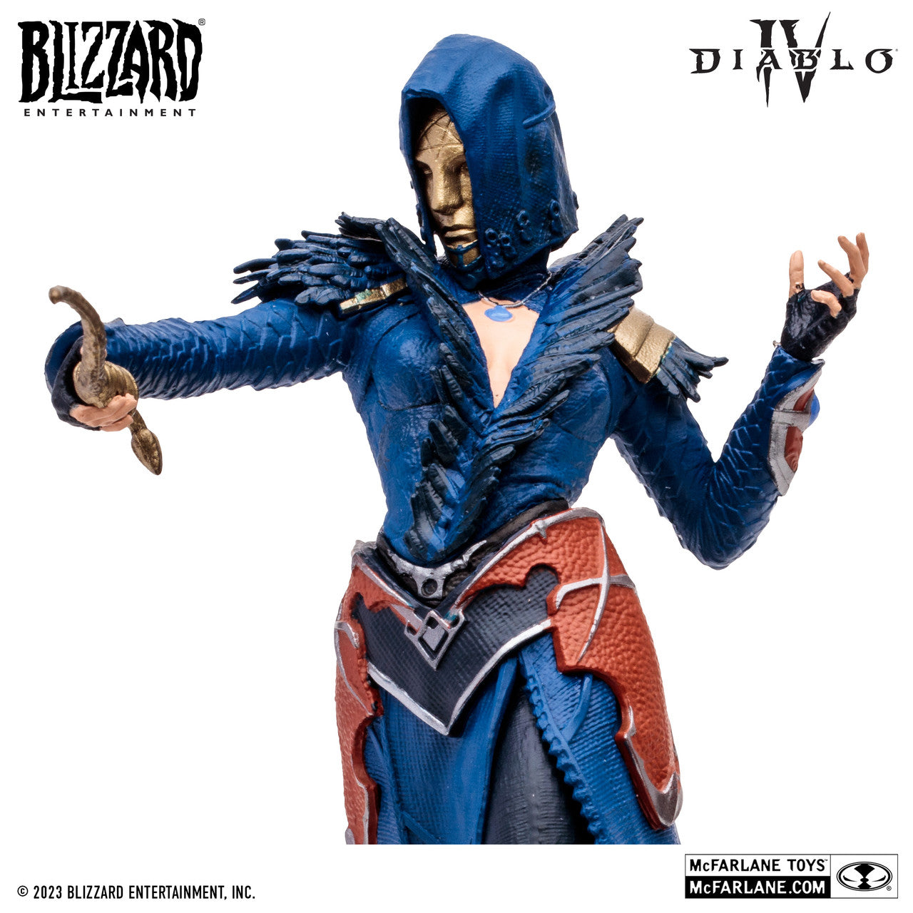 The McFarlane Toys Diablo IV Hydra Lightning Sorceress (Common Version) is a detailed 1:12 figure of the blue and red armored character holding a snake. Branding includes Blizzard Entertainment, Diablo IV, and McFarlane Toys logos.