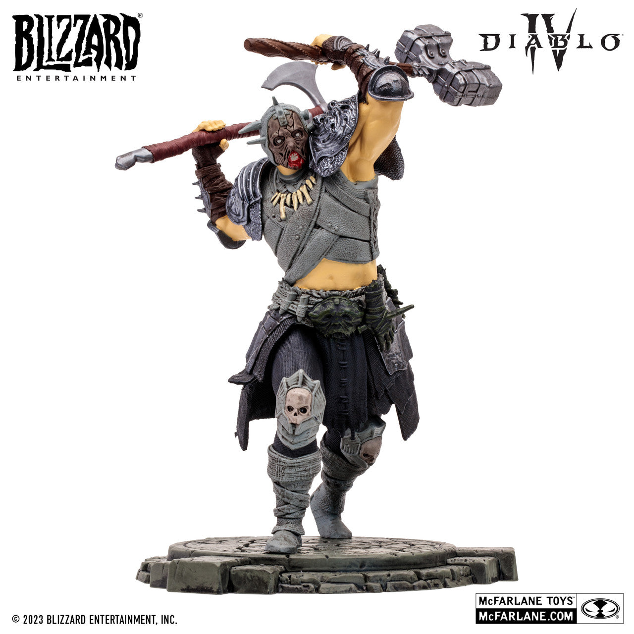 The McFarlane Toys Diablo IV Whirlwind Barbarian Epic Version action figure showcases detailed skull-adorned armor, a raised axe, and base, with Blizzard, McFarlane Toys, and Diablo IV logos prominently featured.