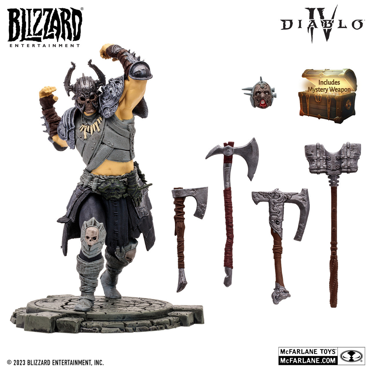 McFarlane Toys introduces the Diablo IV Whirlwind Barbarian Epic Version action figure, featuring axes, a bearded head accessory, and a box labeled Includes Mystery Weapon, with Blizzard and McFarlane Toys logos displayed.