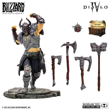 McFarlane Toys introduces the Diablo IV Whirlwind Barbarian Epic Version action figure, featuring axes, a bearded head accessory, and a box labeled Includes Mystery Weapon, with Blizzard and McFarlane Toys logos displayed.