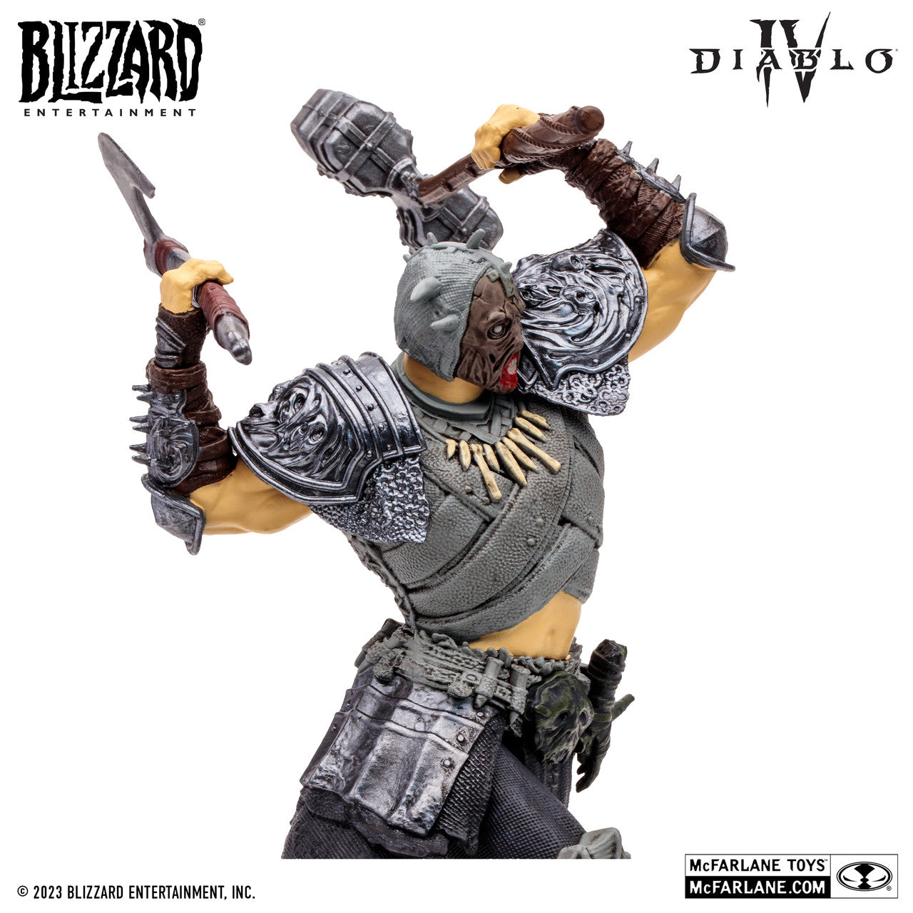 The McFarlane Toys Diablo IV Whirlwind Barbarian Epic Version action figure features a fierce warrior in gray armor with helmet, armed with axe and hammer. Includes Blizzard Entertainment, Diablo IV, and McFarlane Toys logos.