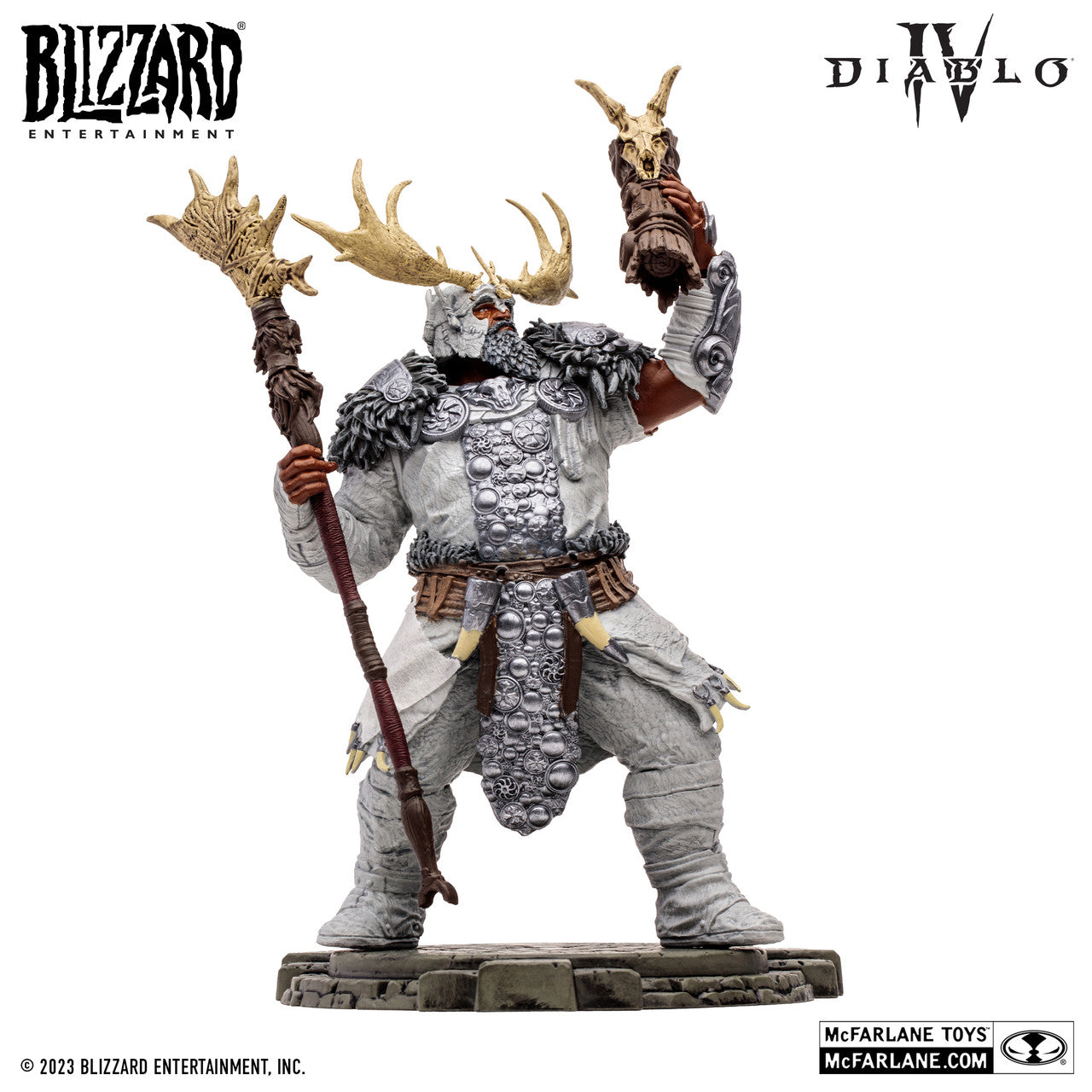 The McFarlane Toys Diablo IV Lightning Storm Druid Epic Version figure features a barbarian druid with fur-accented armor, antlers, staff, and skull. Above are the Blizzard Entertainment and Diablo IV logos.