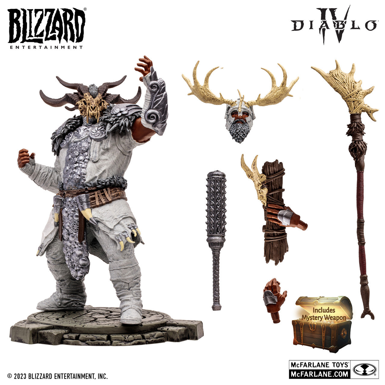 A detailed McFarlane Toys Diablo IV Lightning Storm Druid Epic Version action figure stands on a stone base with accessories: horned helmet, staff, spiked club, axe, shield, mystery weapon, plus Blizzard and McFarlane logos.