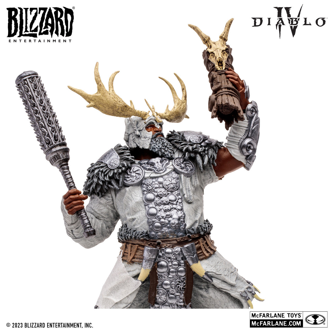 The McFarlane Toys Diablo IV Lightning Storm Druid Epic Version figure features antlered armor, a spiked club, and a horned skull trophy, with Blizzard Entertainment and McFarlane Toys logos displayed.