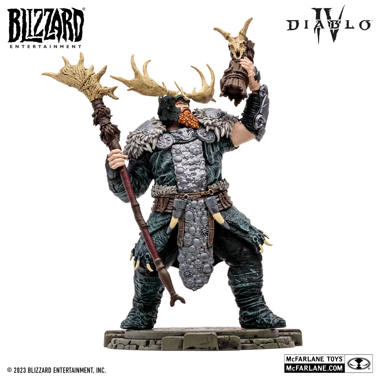 The McFarlane Toys Diablo IV Tornado Druid figure features a shapeshifting Druid in dark armor, fur cloak, antlered helmet, and staff with sculpted animal head. Includes Blizzard, Diablo IV, and McFarlane Toys branding.