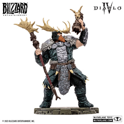 The McFarlane Toys Diablo IV Tornado Druid figure features a shapeshifting Druid in dark armor, fur cloak, antlered helmet, and staff with sculpted animal head. Includes Blizzard, Diablo IV, and McFarlane Toys branding.