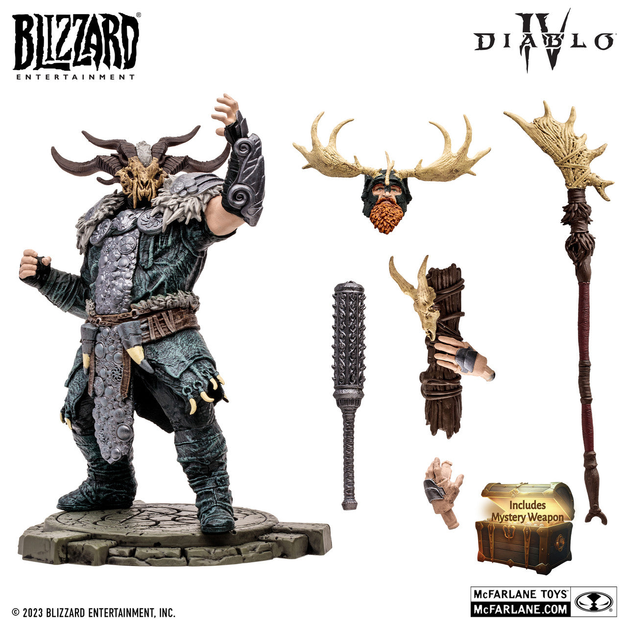 The McFarlane Toys Diablo IV Tornado Druid action figure features a horned shapeshifter in armor with weapons and accessories like a staff, spiked club, deer skull helmet, and removable hands.