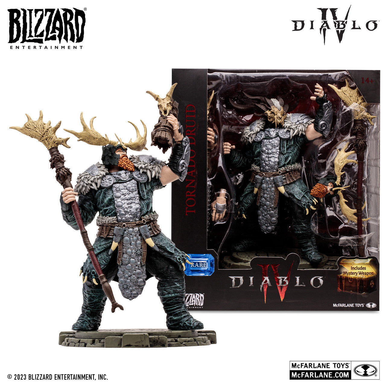 The McFarlane Toys Diablo IV Tornado Druid action figure, depicting the shapeshifter in a horned helmet and fur-trimmed armor, stands beside its branded packaging with official McFarlane Toys and Diablo IV logos.
