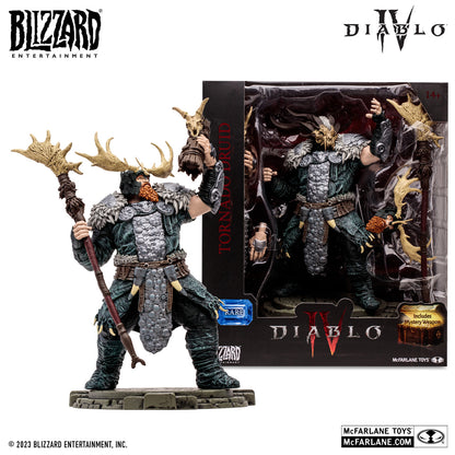 The McFarlane Toys Diablo IV Tornado Druid action figure, depicting the shapeshifter in a horned helmet and fur-trimmed armor, stands beside its branded packaging with official McFarlane Toys and Diablo IV logos.