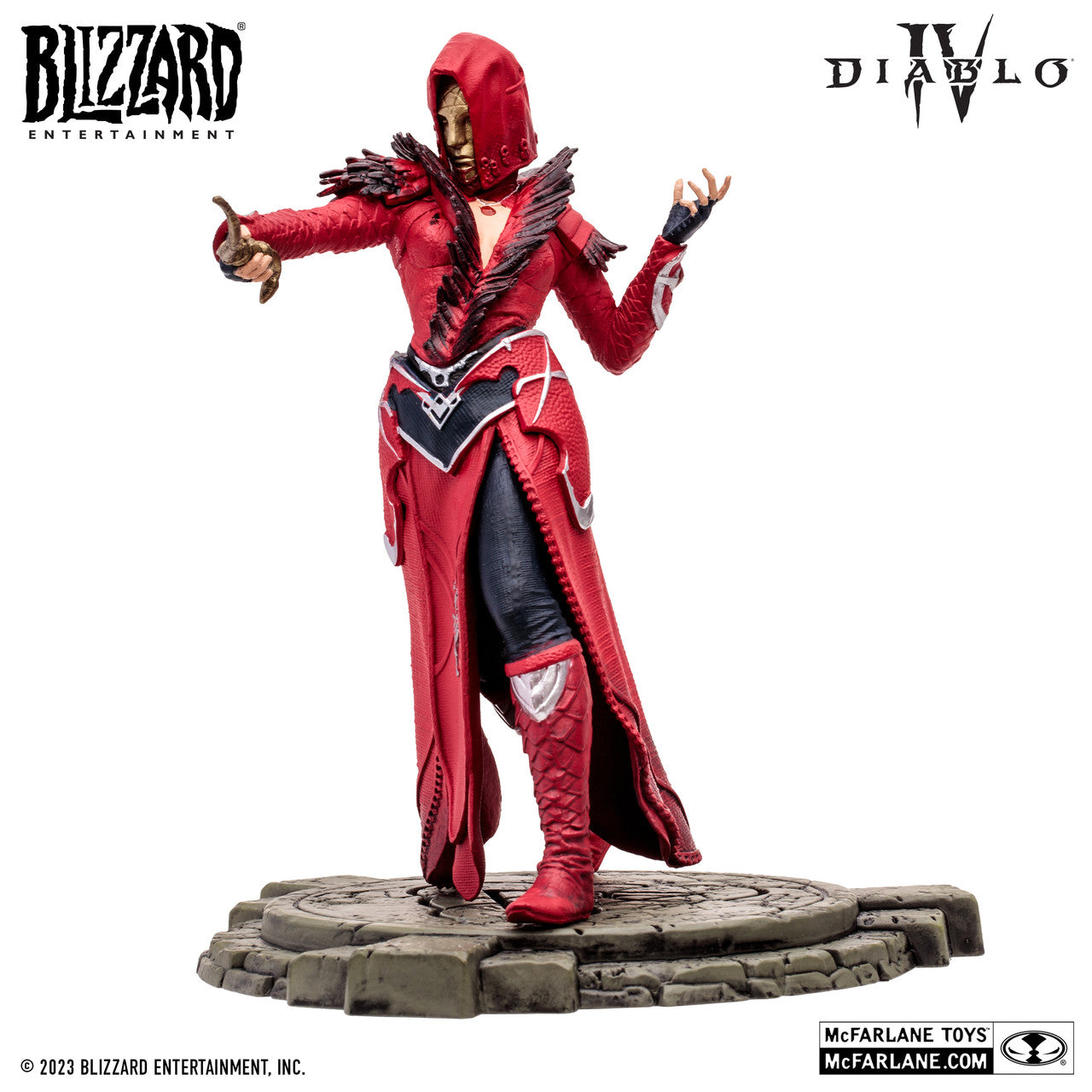 The McFarlane Toys Diablo IV Fire Bolt Sorceress Rare Version is a detailed collectible figure featuring the Sorceress in a red, hooded robe with armor, standing on a textured base, complete with Blizzard and Diablo IV logos.