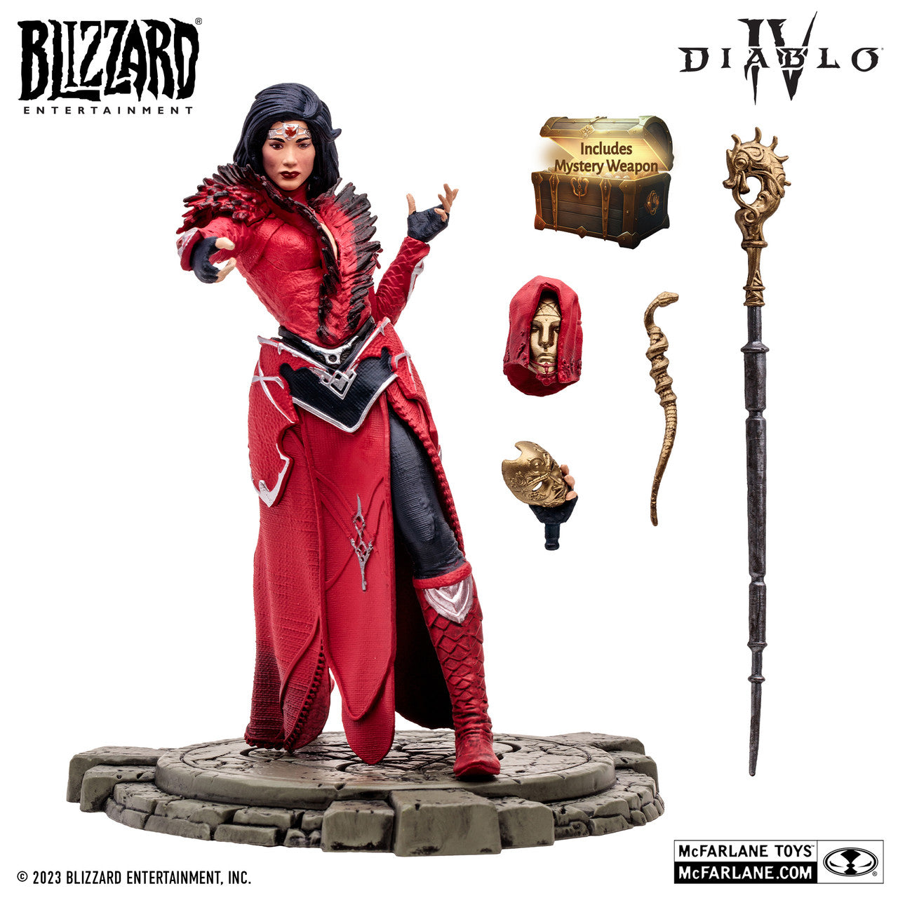 The McFarlane Toys Diablo IV Fire Bolt Sorceress Rare Version action figure features the Sorceress in red and black on a stone base, with accessories like a staff, skull, mask, wand, hood, treasure chest with Mystery Weapon.