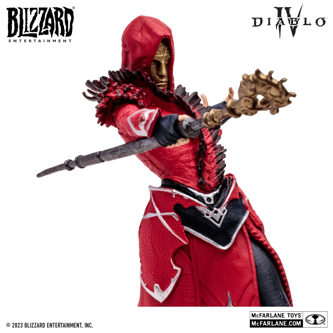 The McFarlane Toys Diablo IV Fire Bolt Sorceress Rare Version is a detailed action figure of the Sorceress in a red hooded cloak and armor, holding a staff, with a gold mask and dramatic pose.