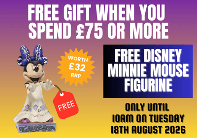 Promotional flyer for a Disney Minnie Mouse figurine, featuring a white and blue Minnie Mouse figure holding a red 'FREE' tag. The background is a gradient of purple, orange, and yellow, with text offering a free gift when spending £75 or more.