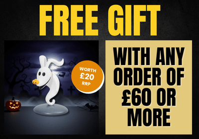 Promotional graphic with large yellow text reading 'FREE GIFT' and 'WITH ANY ORDER OF £60 OR MORE' on a black and tan background, alongside a Halloween-themed product photo of a white ghost decoration with a pumpkin.