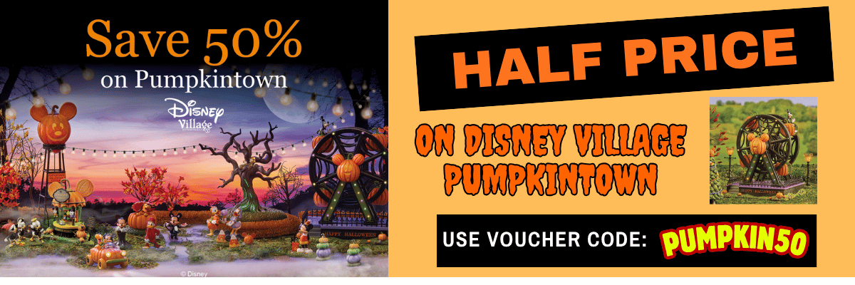 Promotional banner for Disney Village Pumpkintown offering a 50% discount on half-price voucher codes, featuring a dark Halloween-themed scene on the left and a bright yellow-orange section on the right with bold text and a small pumpkin cart illustration.