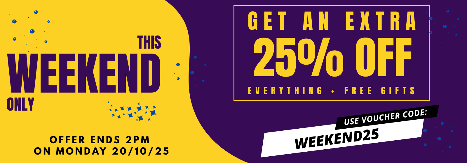 Promotional banner with 'Get an extra 25% off' offer on a yellow and purple background.