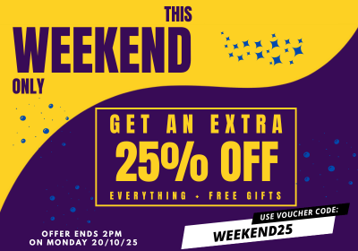 Promotional poster with an extra 25% off offer on a yellow and purple background.