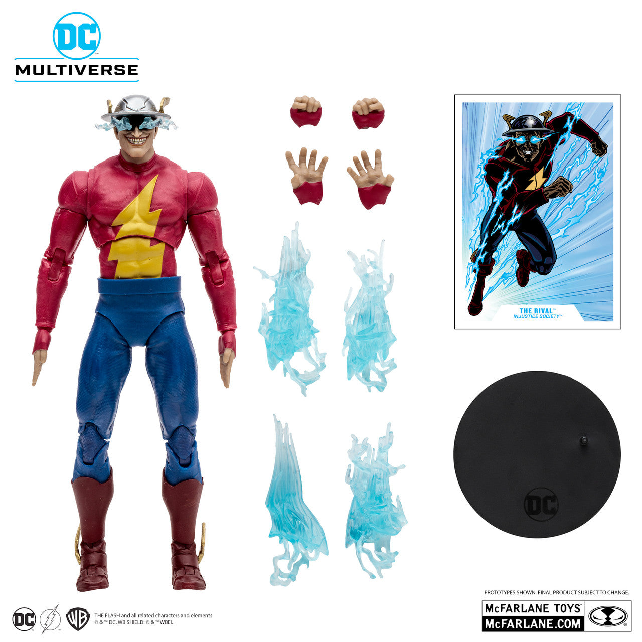 McFarlane Toys DC Multiverse The Rival Injustice Society action figure features alternate hands, blue lightning effects, a display base, and a collectible character card—all displayed on a white background.