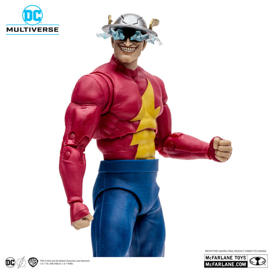 The McFarlane Toys DC Multiverse The Rival Injustice Society action figure features a superhero in a red shirt with a yellow lightning bolt, blue pants, and a silver winged helmet, channeling the Speed Force with a clenched fist.