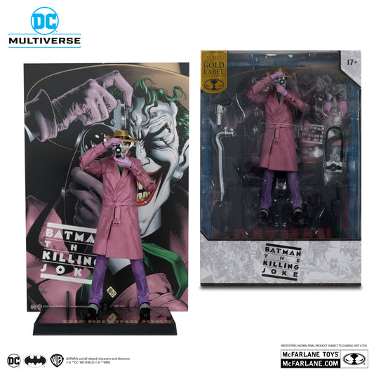 Two boxed McFarlane Toys DC Multiverse The Joker Killing Joke Cover Recreations figures with accessories are displayed in front of illustrated Joker artwork, with visible DC Multiverse and Gold Label logos.