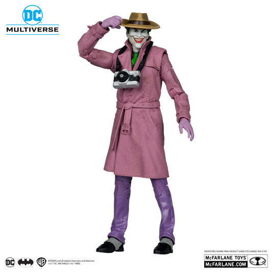 The McFarlane Toys DC Multiverse The Joker Killing Joke Cover Recreations action figure features The Joker with a tan hat, purple trench coat, gloves, pants, shoes, and camera—perfect for Batman fans and collectors.