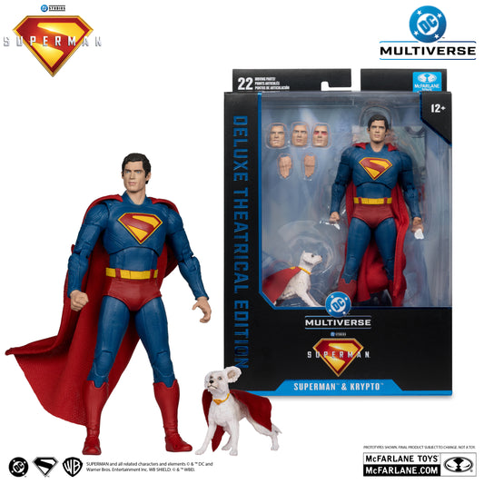 The McFarlane Toys DC Multiverse Superman and Krypto Deluxe Edition features Superman in his iconic suit with Krypto, includes extra hands and heads, and comes in branded packaging with Ultra Articulation.