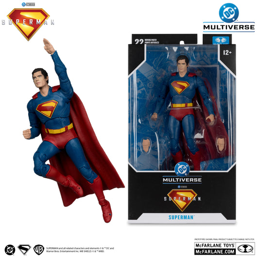 A McFarlane Toys DC Multiverse Superman Superman Movie figure is posed flying beside its DC-branded packaging. It features Ultra Articulation, a blue suit, red cape, and the iconic S emblem.