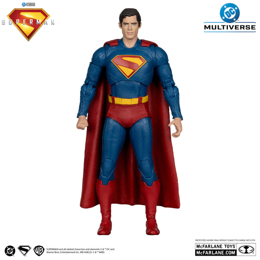 The McFarlane Toys DC Multiverse Superman Movie figure features a blue suit, red cape, boots, and yellow S emblem. With Ultra Articulation, it displays the Superman, DC, and McFarlane Toys logos on a white background.