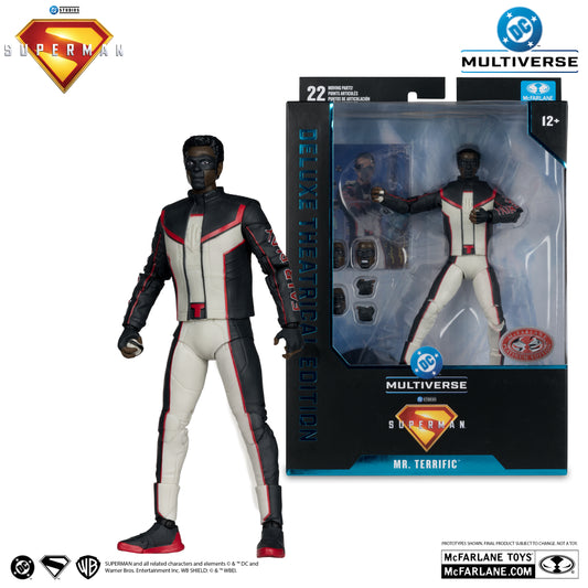 McFarlane Toys DC Multiverse Mister Terrific Deluxe Edition action figure in a white and black suit with red accents, T-spheres, Ultra Articulation, and a display box from the Superman Movie series by McFarlane Toys.