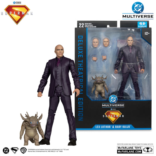The McFarlane Toys DC Multiverse Lex Luthor With Kaiji Deluxe Edition Superman Movie set features Lex Luthor in a dark suit and Baby Kaiju, showcased both boxed and unboxed with Superman film branding.