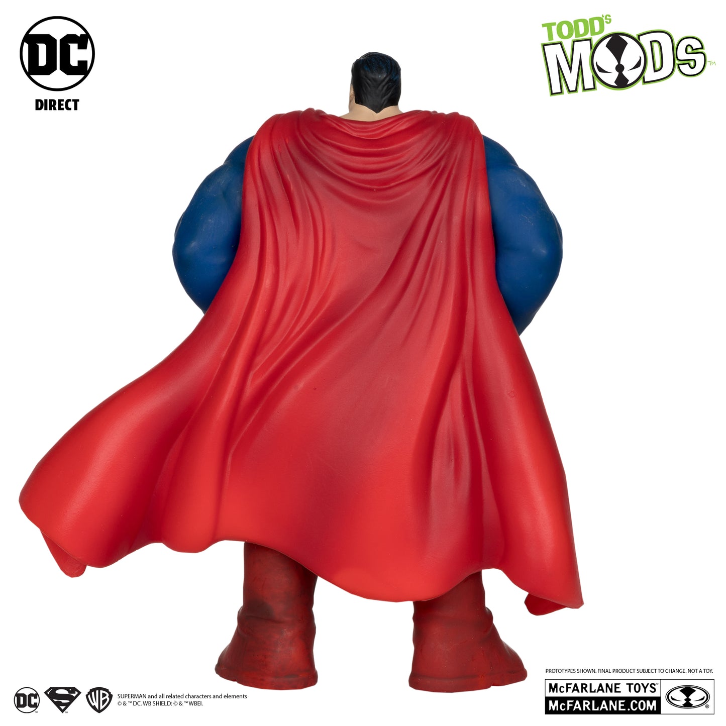 The image shows the McFarlane Toys DC Direct Superman Todds Mods action figure from the back, with a red cape, blue sleeves, and red boots. Featured logos highlight this limited edition collectible from McFarlane Toys.