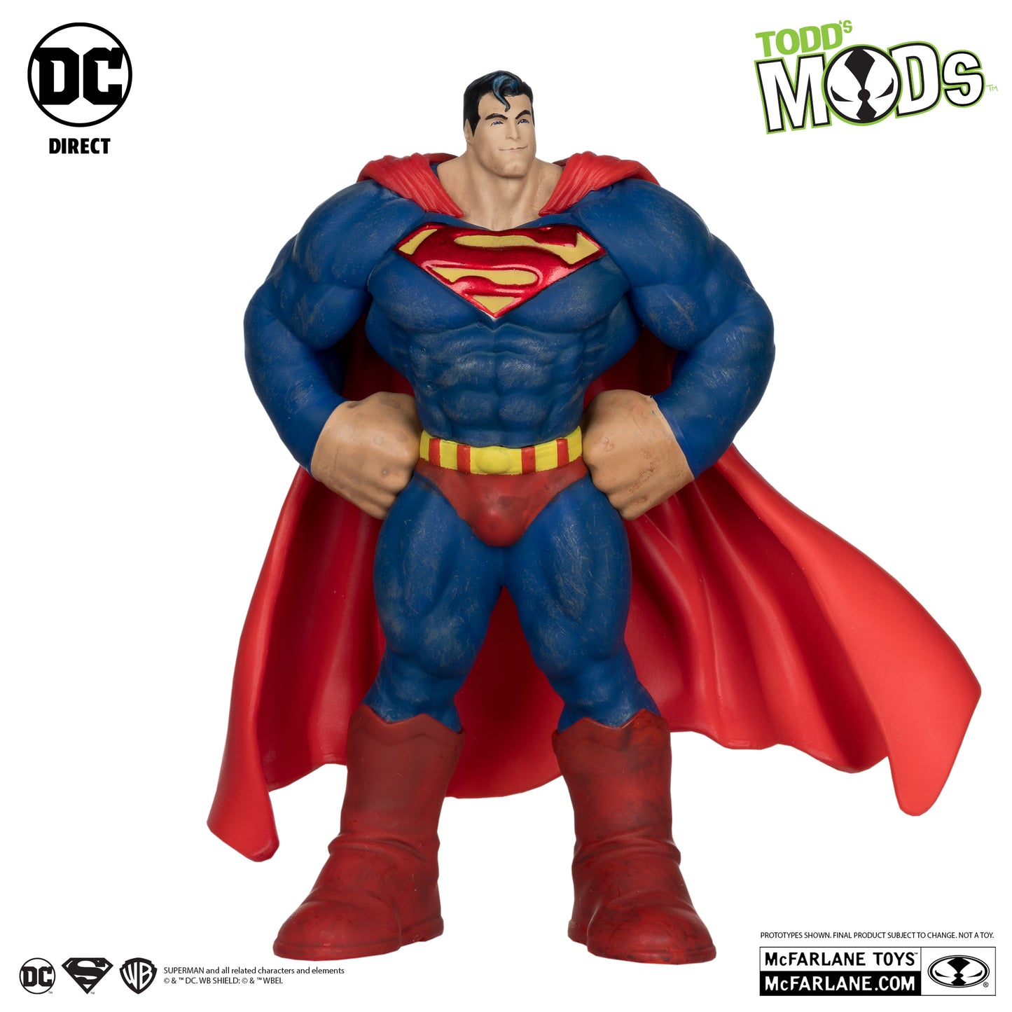 The McFarlane Toys DC Direct Superman Todds Mods action figure features the classic blue suit, red cape, and iconic S symbol, posed heroically with hands on hips. Perfect for fans and collectors of the Man of Steel!.