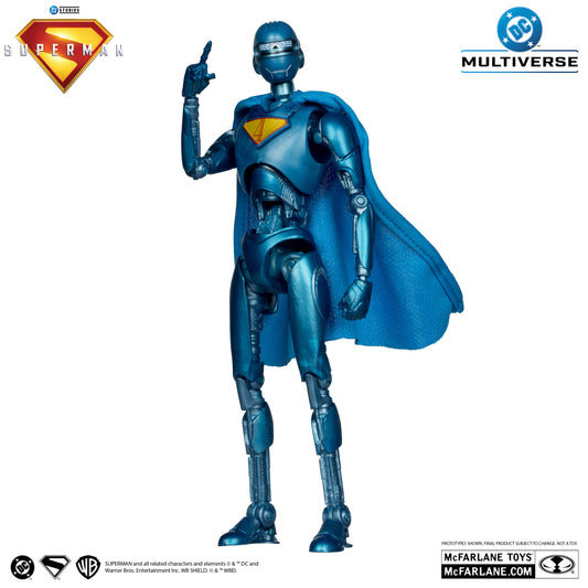 A blue metallic Superman Robot action figure with Ultra Articulation and “S” emblem stands upright, finger raised. It’s the McFarlane Toys DC Multiverse Superman Robot Deluxe Edition from the Superman Movie.