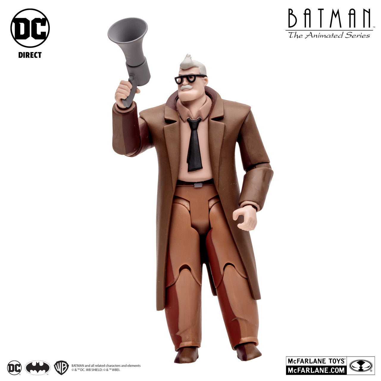 The McFarlane Toys DC Direct James Gordon Animated Series action figure, in a brown trench coat, black tie, and glasses, holds a megaphone overhead. The image includes DC, Batman: The Animated Series, and McFarlane Toys logos.
