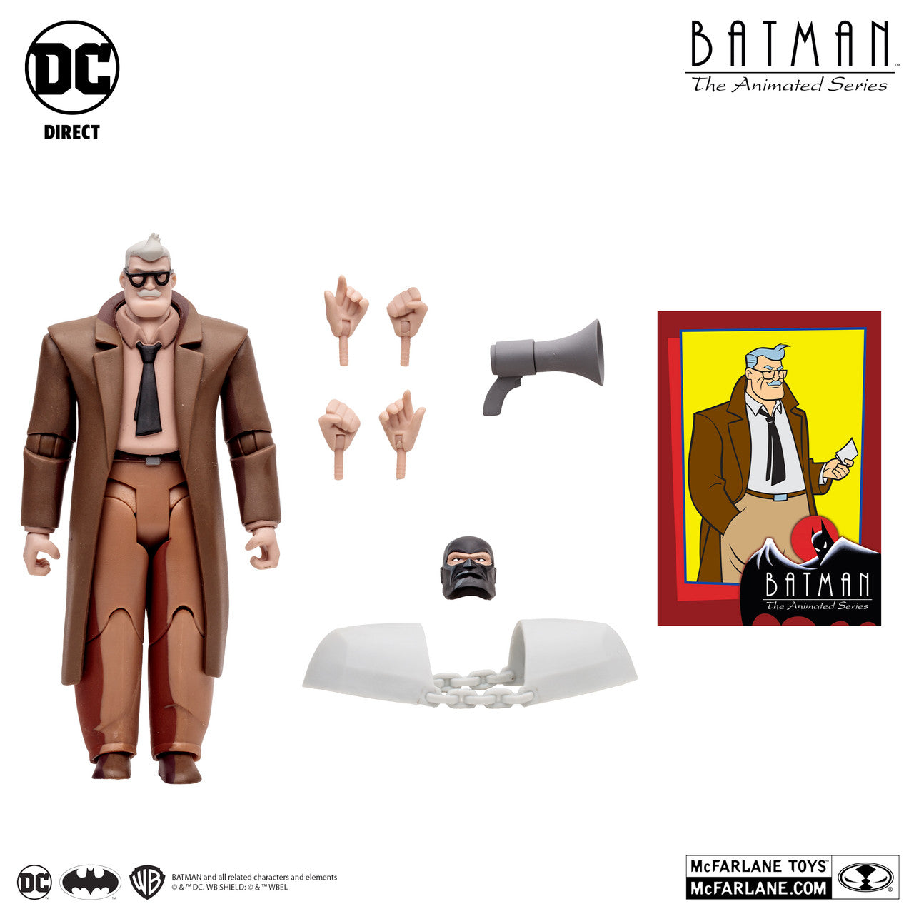 The McFarlane Toys DC Direct James Gordon Animated Series action figure comes with interchangeable hands, a megaphone, mask, white cape, and character card. The product displays the DC and McFarlane Toys logos.