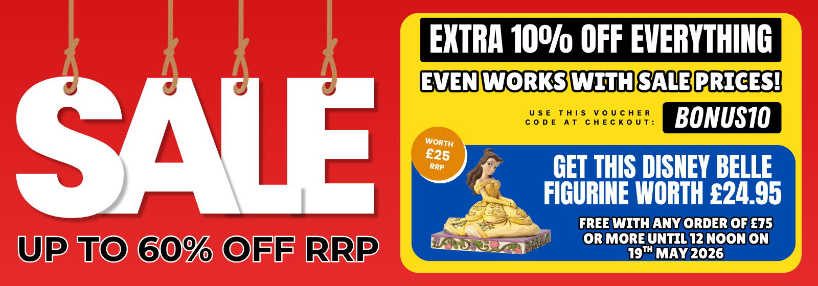 Promotional banner with sale text and Disney Belle figurine offer on a red background