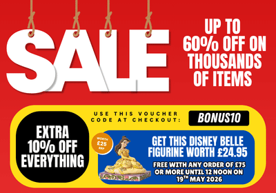 Promotional banner with sale text and Disney Belle figurine offer on a red background