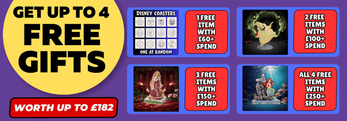Promotional banner with a large yellow circle reading 'GET UP TO 4 FREE GIFTS' and a red badge saying 'WORTH UP TO £182'. Below are four example free item offers with Disney-themed icons and text, including 'DISNEY COASTERS' and various character-themed offers, all on a purple background.