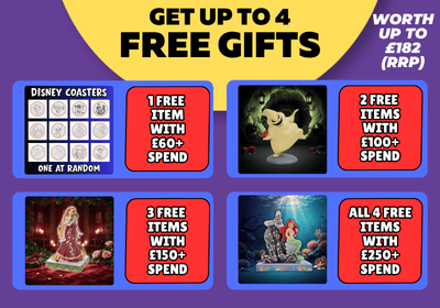 Promotional graphic for a Disney Coasters spend-and-win offer, featuring four red reward boxes with different free gift items and text offering up to 4 free gifts worth up to £182.